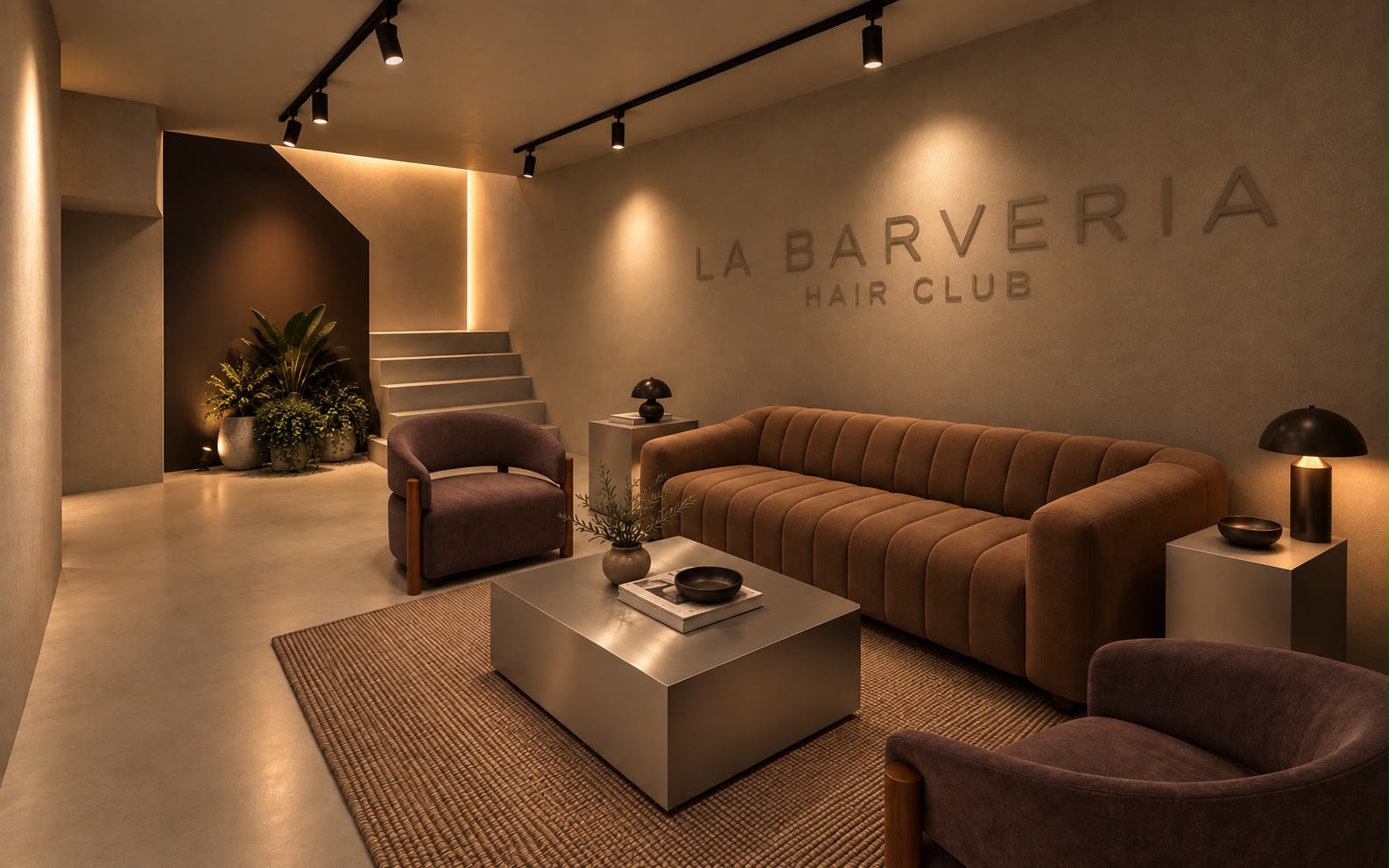 Sala de espera del local de Boadilla del Monte, con el rótulo La Barveria Hair Club